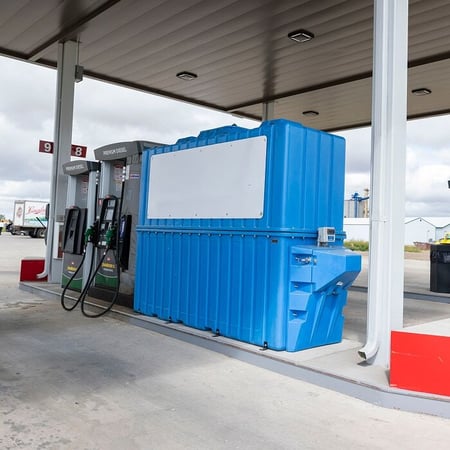 Blue DEF storage tank installed under a fuel station canopy beside diesel dispensers.