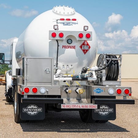 Rear view of Westmor propane delivery truck, equipped with an Ergoload deck. 