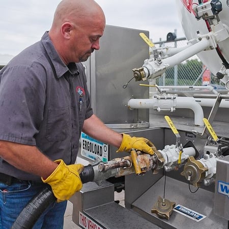 Driver loading a Westmor propane delivery truck equipped with an ergoload deck for ergonomic loading. 