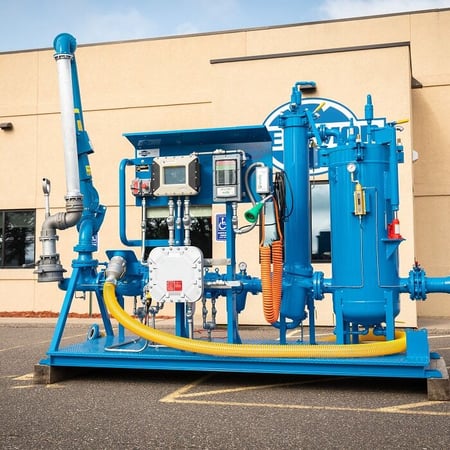 Blue ethanol blending skid with meters, control panel, piping, and hoses mounted on a steel frame outside a facility building.
