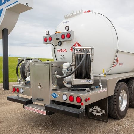Rear three-quarter view of a Westmor propane delivery truck showing the Pathway Delivery System.