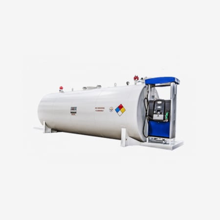 Self-contained, skid-mounted fleet fueling system with a horizontal storage tank and integrated blue fuel dispenser cabinet.